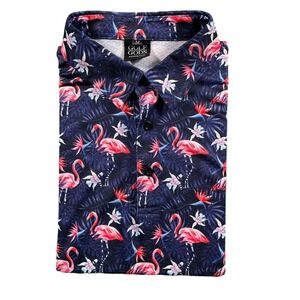 Golf Gods Flamingo Cool Tech Performance Golf Polo Shirt Navy Blue Mens Sz M EUC